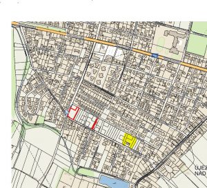 Směna pozemků na Blatově, Mapa Blatova, červeně pozemky, které dává obec, žlutě pozemky, které získá obec